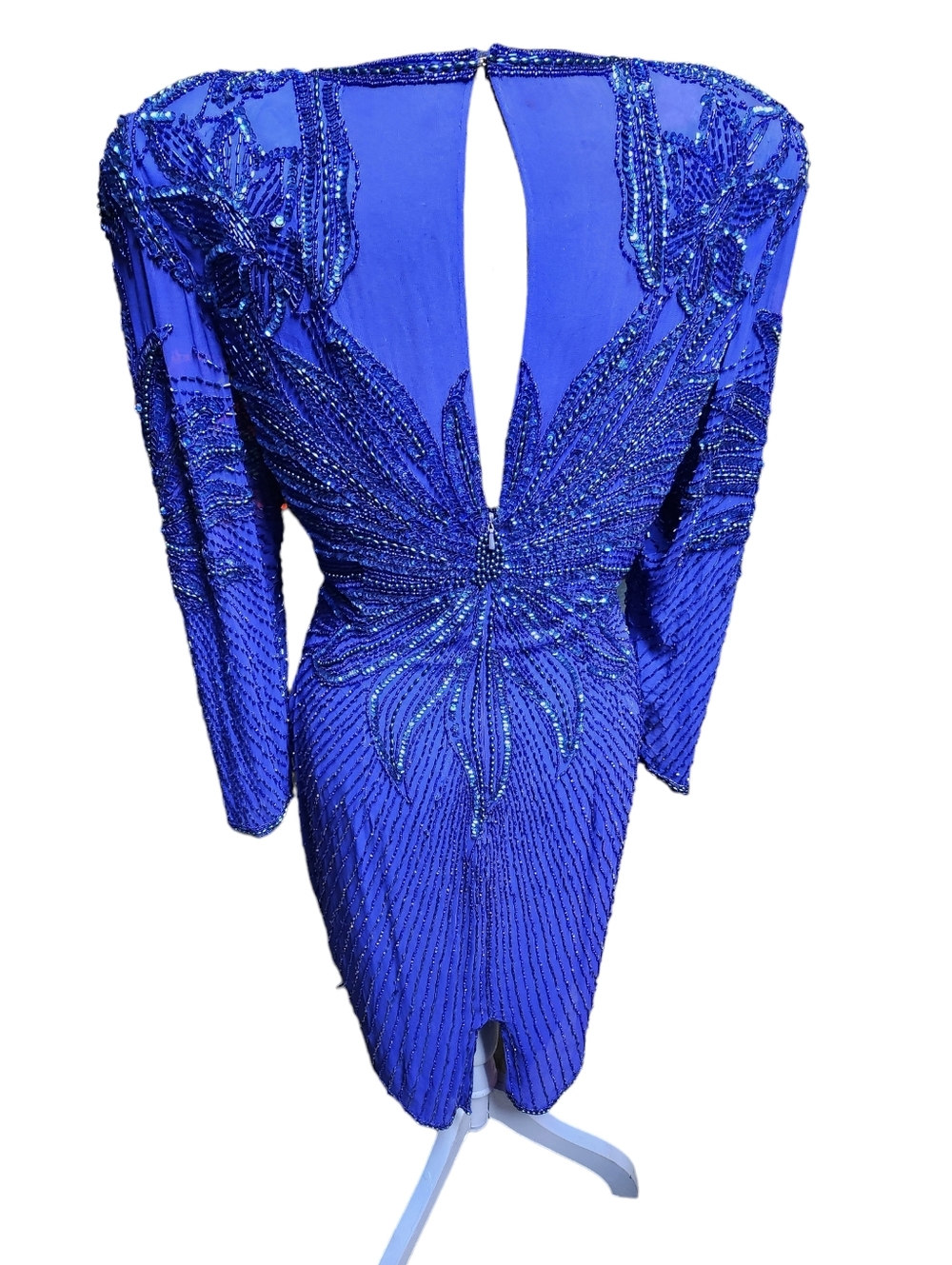 Vintage Destinee Royal Blue Long-Sleeve Beaded Cocktail Dress Size 12 - Picture 3 of 5